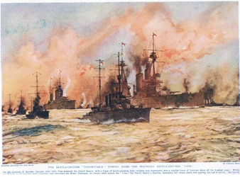 Battle-Cruiser 'Indomitable' tauer hjem den sårede Battle-Cruiser 'Lion', illustrasjon fra 'Deeds That Thrill The Empire', utgitt av Hutchinson und Co., ca.1920